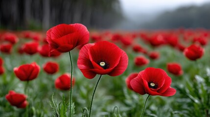 Fototapeta premium Red poppy flowers blooming in a lush green field, symbolizing remembrance and honoring ANZAC Day, with blurred trees in the background creating a serene atmosphere