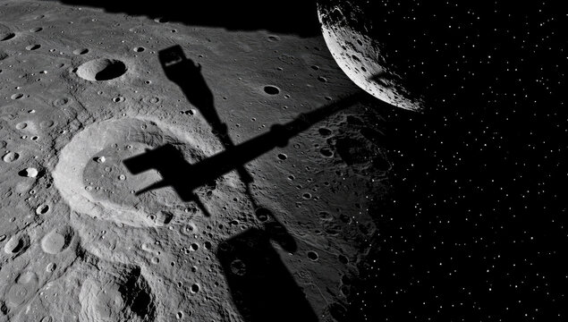 Space station on the moon with astronauts and equipment