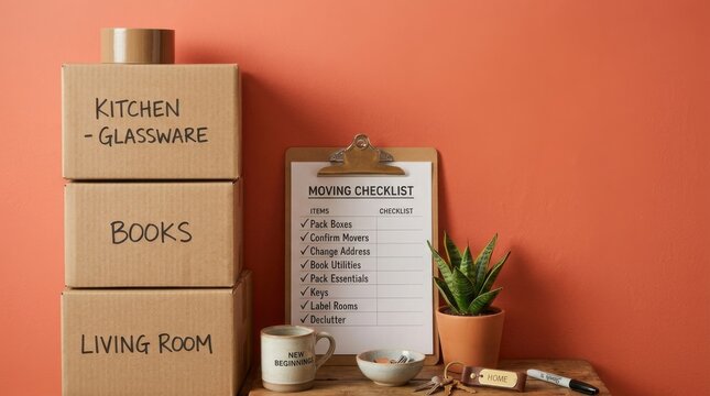 Stacked labeled moving boxes with moving checklist clipboard plant and mugs on coral background for home relocation checklist and packing organization