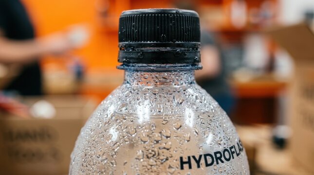 Close up of cold water bottle with condensation droplets and cap for hydration and lifestyle product background