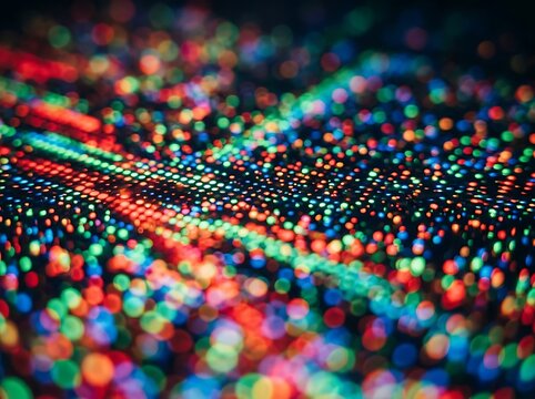 IA generated, extreme macro photography of a digital screen display showing a vibrant grid of RGB pixels and sub-pixels creating a technical textured pattern with multicolored light dots.