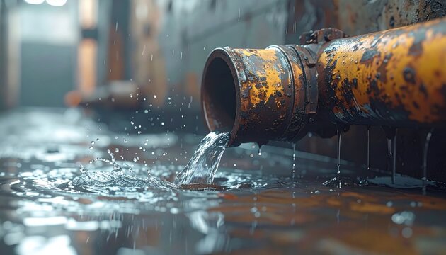 Industrial rusty yellow pipe discharging a steady stream of clear water into a dark puddle with splashing droplets in blurry setting