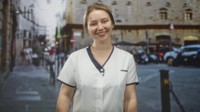 Woman nurse in white uniform reaches hands forward showing palms and smiling on a street; warm welcome.
