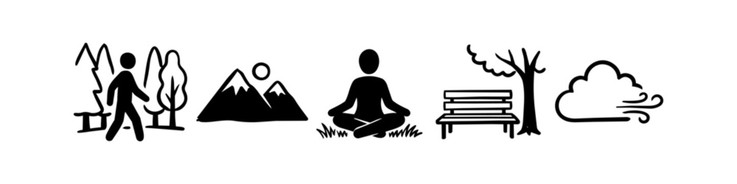 A collection of hand-drawn black and white icons representing outdoor activities and nature, featuring hiking, mountain scenery, yoga meditation, a park bench, and windy cloud symbols.