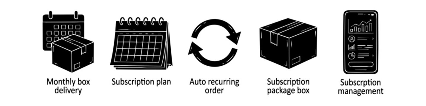 Set of black hand-drawn icons for subscription services: monthly delivery, plan, auto-recurring order, package box, and management app. Minimalist doodle style vector illustration.