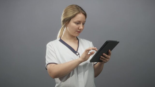 Woman blonde wearing white uniform taps tablet with finger while holding device in a gray studio setting; focused care.