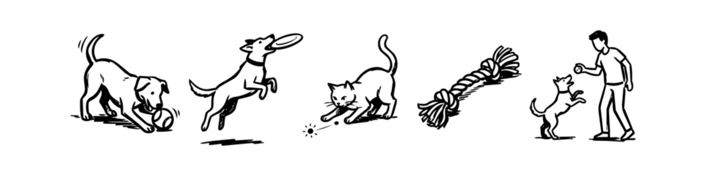 Hand-drawn black and white line art illustrations of pets playing, featuring dogs catching frisbees and balls, a cat with a laser pointer, and a rope toy.