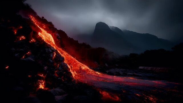 Outdoor exploration adventure. A dramatic landscape photograph depicts a volcanic eruption. The main subject is a lava flow cascading down a rocky outcrop, illuminated by bright orange and red hues.