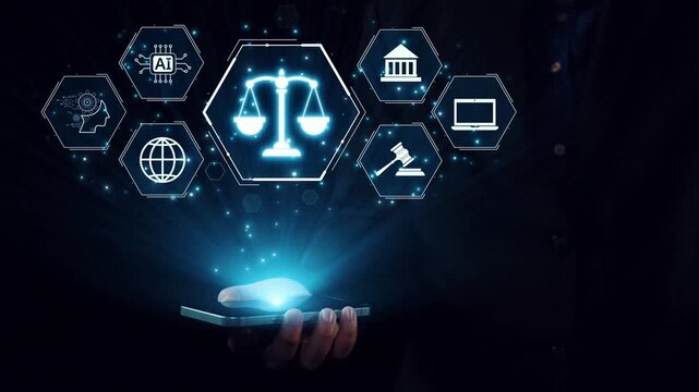 Futuristic digital law interface displaying justice scale, highlighting digital law, AI compliance, digital law systems, and digital law regulations for secure governance. Elide