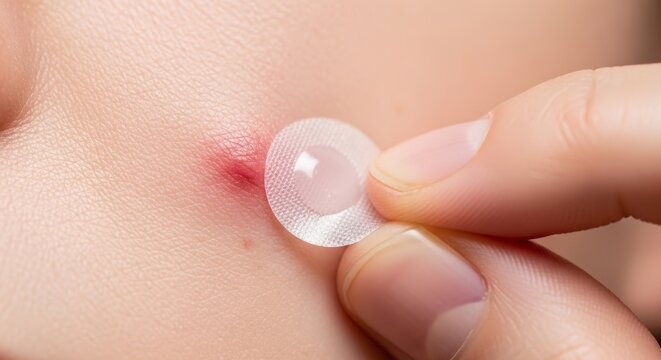 Woman applying round hydrocolloid acne patch on inflamed pimple on face. Skin care treatment for blemish and break out. Dermatology procedure for clear skin and health hygiene routine.