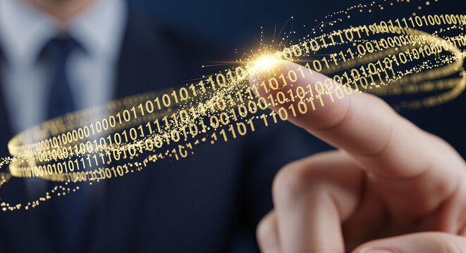 Businessman finger touching glowing golden binary code stream