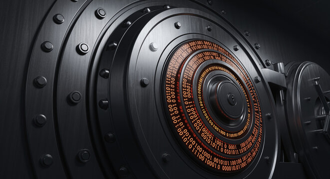 Heavy metal bank vault door with glowing binary code lock