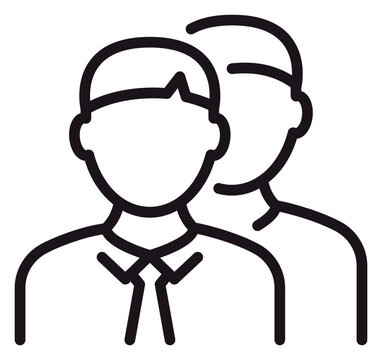 Professional business team vector icon illustration featuring two male figures in formal attire, representing corporate leadership, partnership, teamwork, and human resources collaboration.