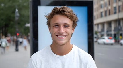 Fototapeta premium A cheerful young man stands outdoors against a large digital display screen in a bustling modern city setting