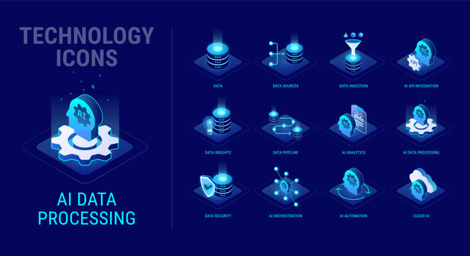 Technology icons set for AI Data Processing workflow diagram - Data sources, data ingestion, AI API integration, automation, cloud AI, orchestration, security - high quality isometric vector	