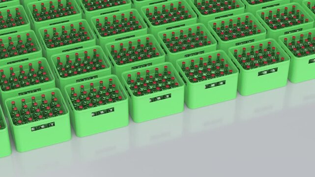 Multiple rows of green beer crates on a shiny grey floor