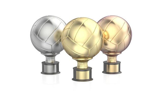 Gold, silver, and bronze volleyball or football trophies on white background