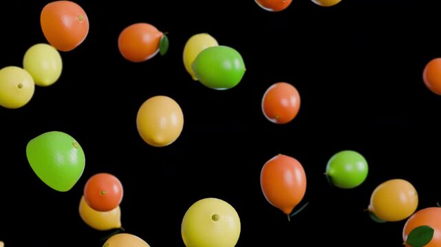 Colorful lemons falling on transparent background, seamless loop