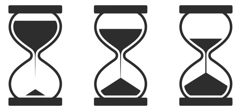 Set of sand clock illustrations with varying frames and sand amounts hourglass shapes in multiple variations vector icon set of hourglasses with falling sand, time passage and deadline