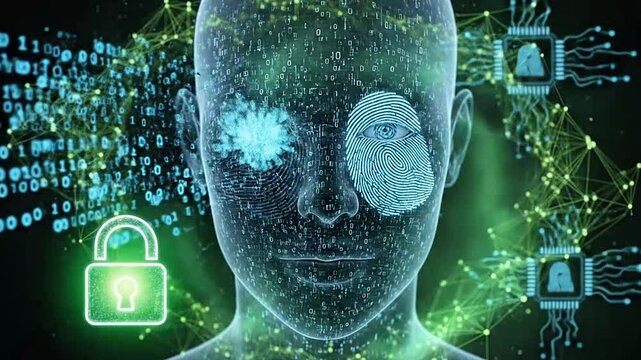 Digital human face with glowing circuits and padlock security symbols.