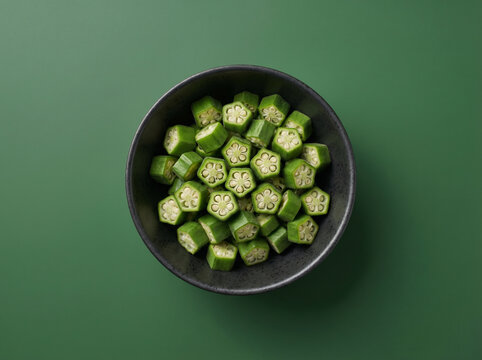 Top view of sliced green okra in a dark bowl on a green background