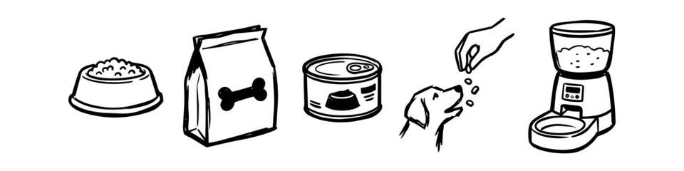 Minimalist hand-drawn icons of dog food products: dry kibble bag, bowl, canned wet food, automatic pet feeder, and hand feeding a dog. Simple black and white line art vector illustrations. © Trends