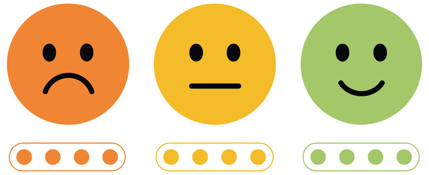 Smiley face icons showing feedback levels with ratings customer satisfaction scale from very bad to excellent colorful emojis for review survey and user experience design, rating system and feedback e