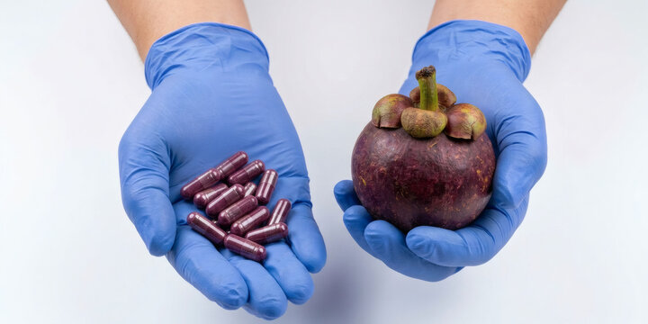 Mangosteen (Garcinia mangostana) fruit and extract capsules in blue medical gloves isolated on white background, antioxidant supplement from pericarp for healthcare and pharmaceutical industry.