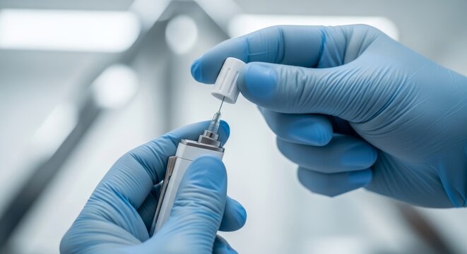 Doctor holding insulin pen injector to prepare medication dose. Healthcare professional with blue glove checking medical equipment for diabetes treatment. Clinical patient care procedure.