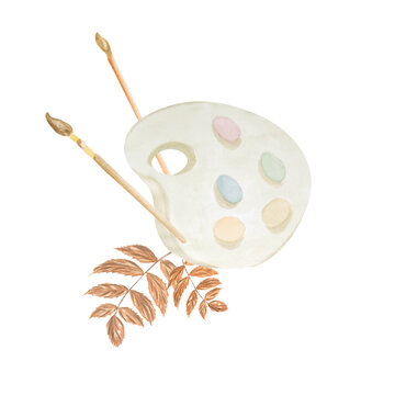 An illustration of a watercolor paint palette and brushes on a white background. Suitable for cards, labels, advertising, decor, and stationery