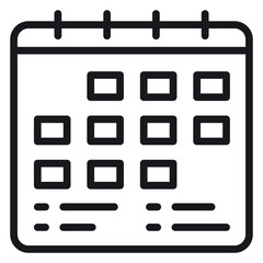 Minimalist black and white vector line icon of a calendar with a ring binder top and grid layout for dates and appointments, ideal for schedule planning, time management, and event organization. © Ingrid
