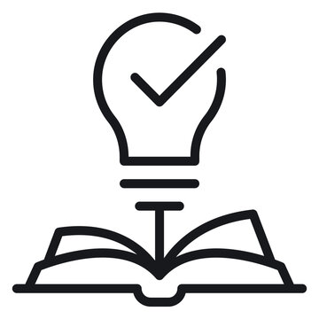 Minimalist black vector icon illustration of a lightbulb with a checkmark symbol inside emerging from an open book, symbolizing knowledge, education, learning, and verified creative solutions.