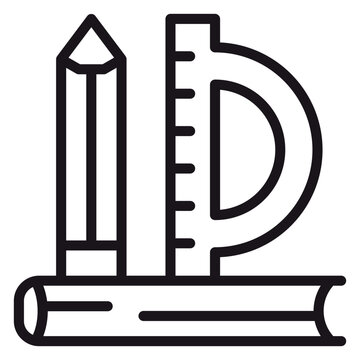 Minimalist black line vector icon illustration of school supplies including a pencil, ruler, protractor, and book, representing education, learning, academic study, and creative design tools.