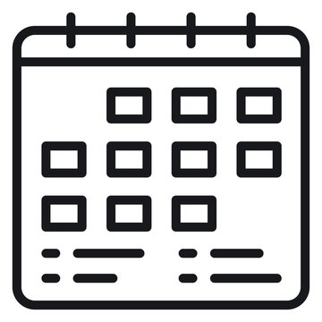 Minimalist black and white vector line icon of a calendar with a ring binder top and grid layout for dates and appointments, ideal for schedule planning, time management, and event organization.