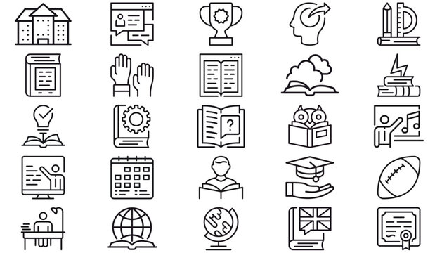 25 Minimalist Black Vector Icon Set Bundle for Education and Business featuring Books, Trophy, School Supplies, E-learning, Online Chat, Calendar, Globe, Certificate, Music, and Study Symbols.