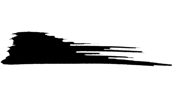 Black ink brush stroke on white background, horizontal paint smear with dry texture, artistic calligraphy swipe for graphic design and branding