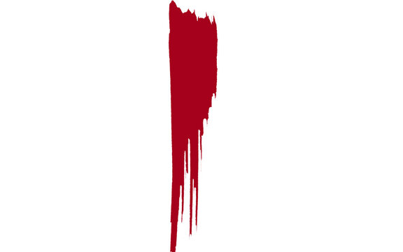 Deep red paint drip illustration, vertical blood splatter stroke on white background, crimson acrylic brush mark with liquid dripping texture