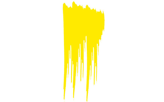 Vibrant yellow paint drip on white background, dripping acrylic paint stroke, bright yellow liquid splatter with vertical gravity flow