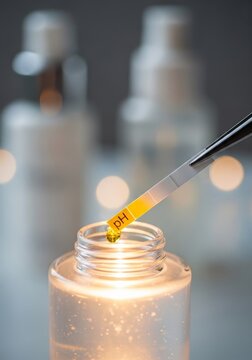 Ph strip testing cosmetic liquid in laboratory bottle. Scientist measuring acidity level of skincare serum. Professional chemical analysis for beauty industry and dermatology research.