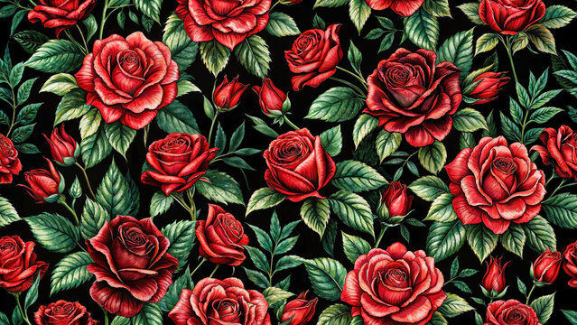 Red roses seamless pattern with lush green leaves on dark background creating romantic botanical textile wallpaper design