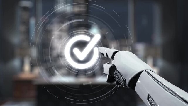 A robotic hand points at a digital interface featuring a prominent checkmark, symbolizing approval in a modern office environment filled with technology. Auvana