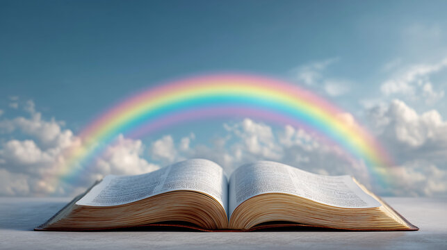 An image of an open Bible and a rainbow against a clear blue sky. The Bible rests on a soft surface. A bright rainbow curves across the blue sky.