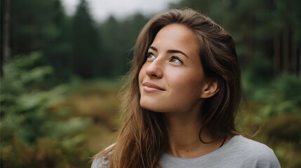 Naklejka premium A young woman gazing thoughtfully into the lush greenery of a quiet natural woodland