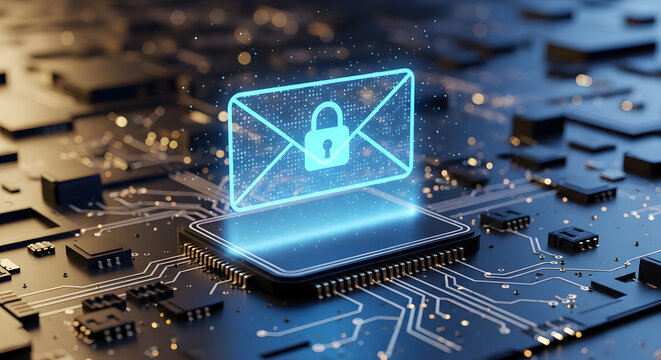 Email protection concept on a computer chip, mail icon with a lock symbol on electronic circuit board, secure email communication.