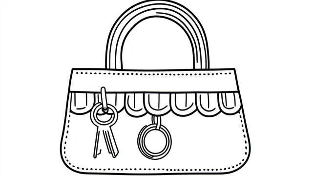 Simple black and white outline of a purse with keys and ring hanging from the side