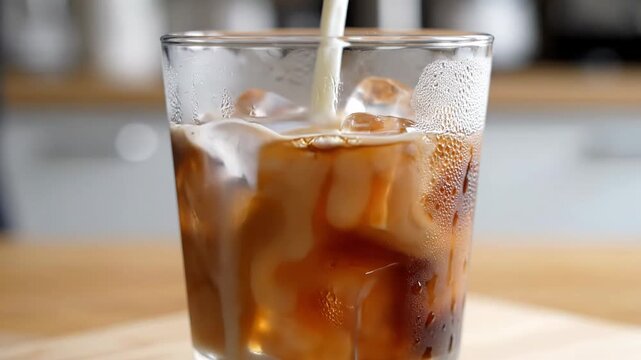 Milk pouring into iced coffee in glass, swirling creamy patterns with ice cubes, refreshing cold drink preparation concept