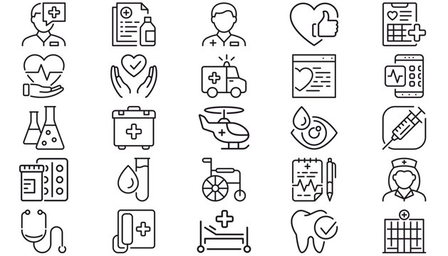 Medical and Healthcare Vector Icon Set: 25 Minimalist Black Line Symbols for Hospital, Clinic, First Aid, Doctor, Nurse, Ambulance, Laboratory, Pharmacy, Dental Care, and Wellness Services.