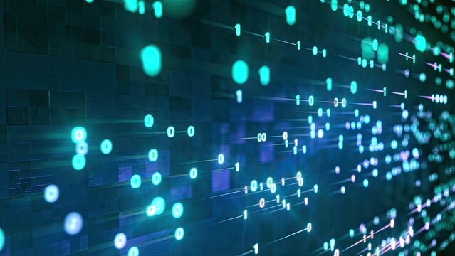 Binary digits 1 and 0 race through a tiled three-dimensional corridor in a dark cyberspace environment, glowing in cyan and teal tones. The code stream travels across layered digital architecture