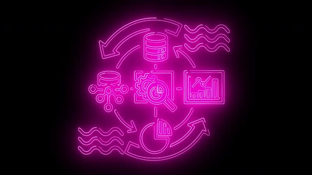 Neon pink flowchart diagram with arrows and icons on a black background.