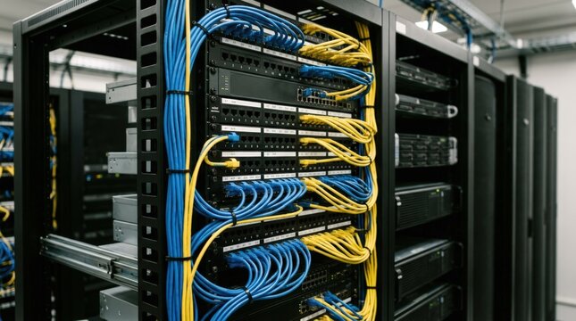 Medium shot highlighting network cables feeding into pension fund data center racks sharp focus on cable terminations and connectors relaxed focus on server units behind.